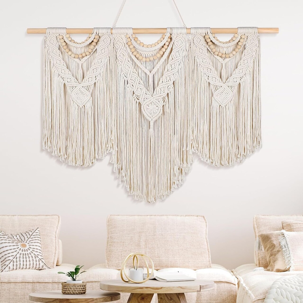 Macrame Woven Wall Hanging, Bohemian Wall Decor Chic Woven Tapestry Handmade Crafts Tassel Lace Hanging Home Decor Perfect for Bedroom Living Room Apartment (Beige)